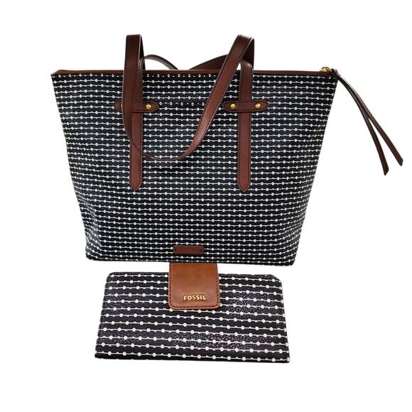 Fossil Handbags - FOSSIL Felicity Black Ivory Dot Faux Leather Tote Bag Wallet Set